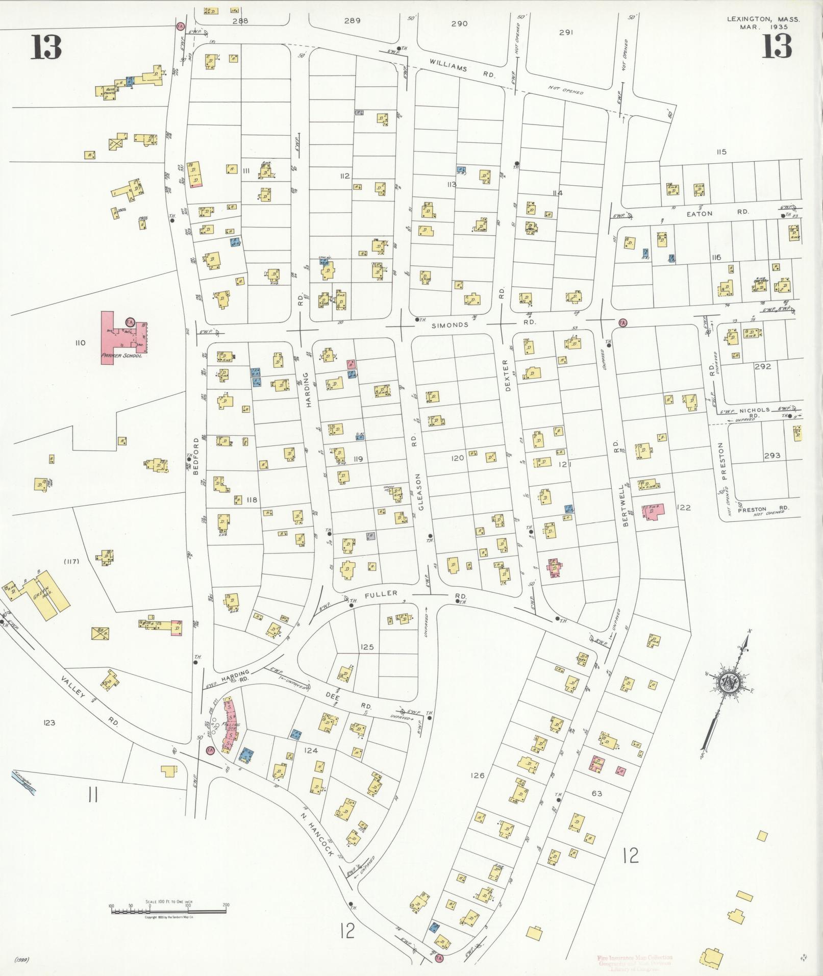 Sanborn Fire Insurance Map from Lexington, Middlesex County, Massachusetts (1935), Sheet #0013 - Historic Sanborn Fire Insurance Map Print, vintage old map wall art, antique decor, genealogy gift, Massachusetts Massachusetts map