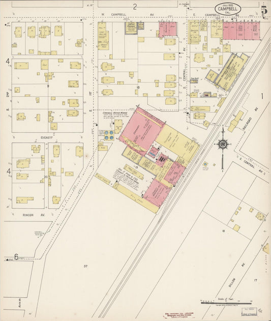 Sanborn Fire Insurance Map from Campbell, Santa Clara County, California (1920), Sheet #0005 - Historic Sanborn Fire Insurance Map Print, vintage old map wall art, antique decor, genealogy gift, California California map