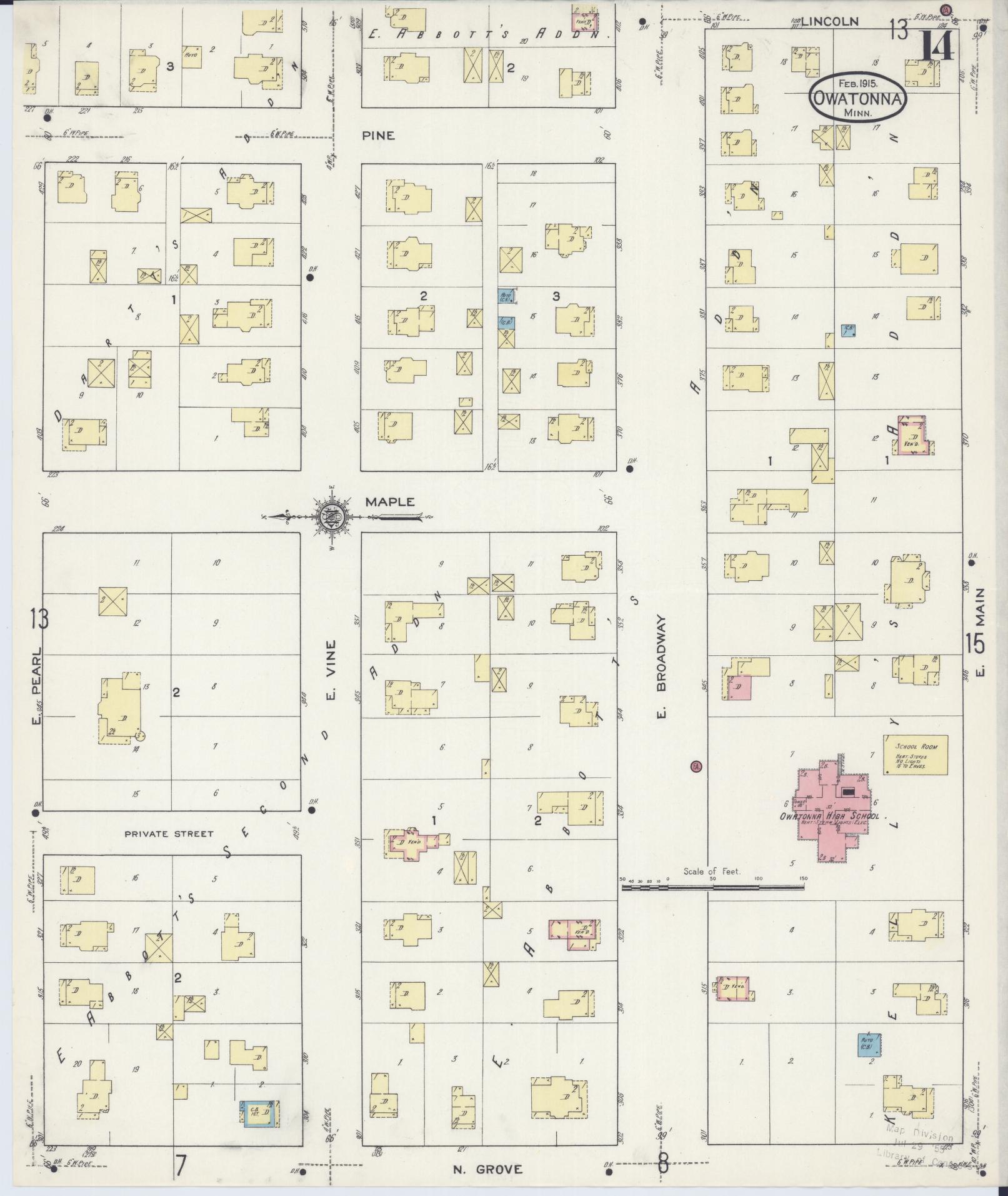 Sanborn Fire Insurance Map from Owatonna, Steele County, Minnesota (1915), Sheet #0014 - Historic Sanborn Fire Insurance Map Print, vintage old map wall art, antique decor, genealogy gift, Minnesota Minnesota map