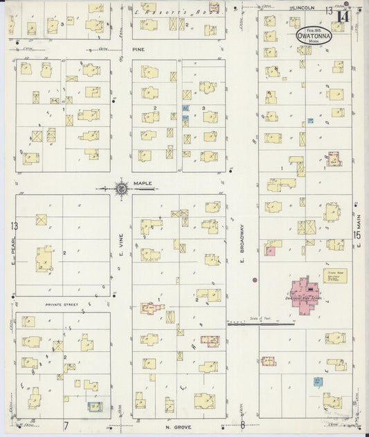 Sanborn Fire Insurance Map from Owatonna, Steele County, Minnesota (1915), Sheet #0014 - Historic Sanborn Fire Insurance Map Print, vintage old map wall art, antique decor, genealogy gift, Minnesota Minnesota map