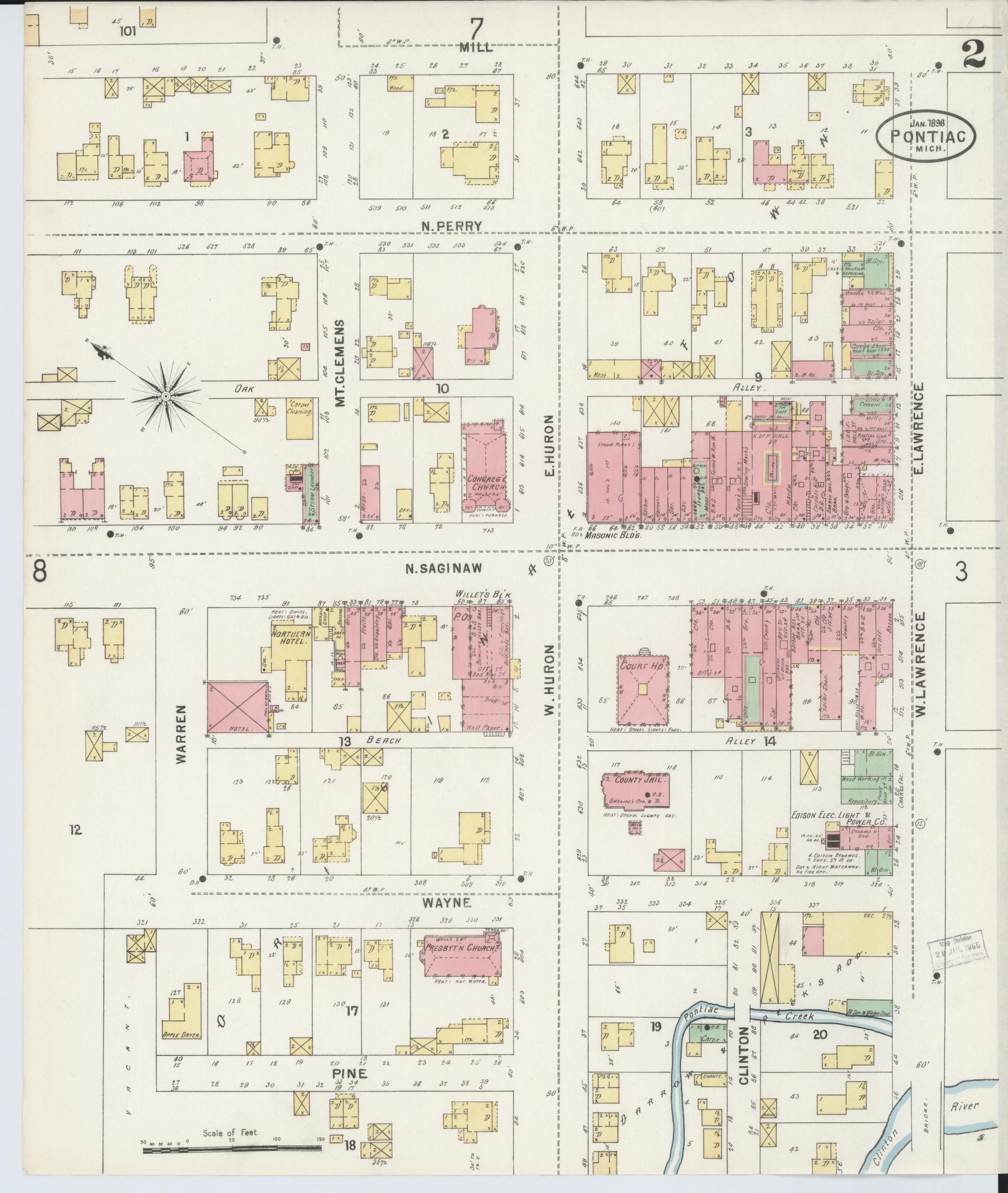 Sanborn Fire Insurance Map from Pontiac, Oakland County, Michigan (1898), Sheet #0002 - Complete Map Set gallery image, historic Sanborn map, vintage wall art, Michigan Michigan