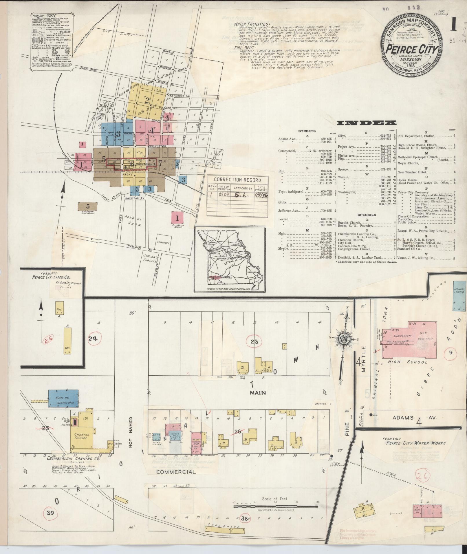 Sanborn Fire Insurance Map from Pierce City, Lawrence County, Missouri (1936), Sheet #0001 - Historic Sanborn Fire Insurance Map Print, vintage old map wall art, antique decor, genealogy gift, Missouri Missouri map