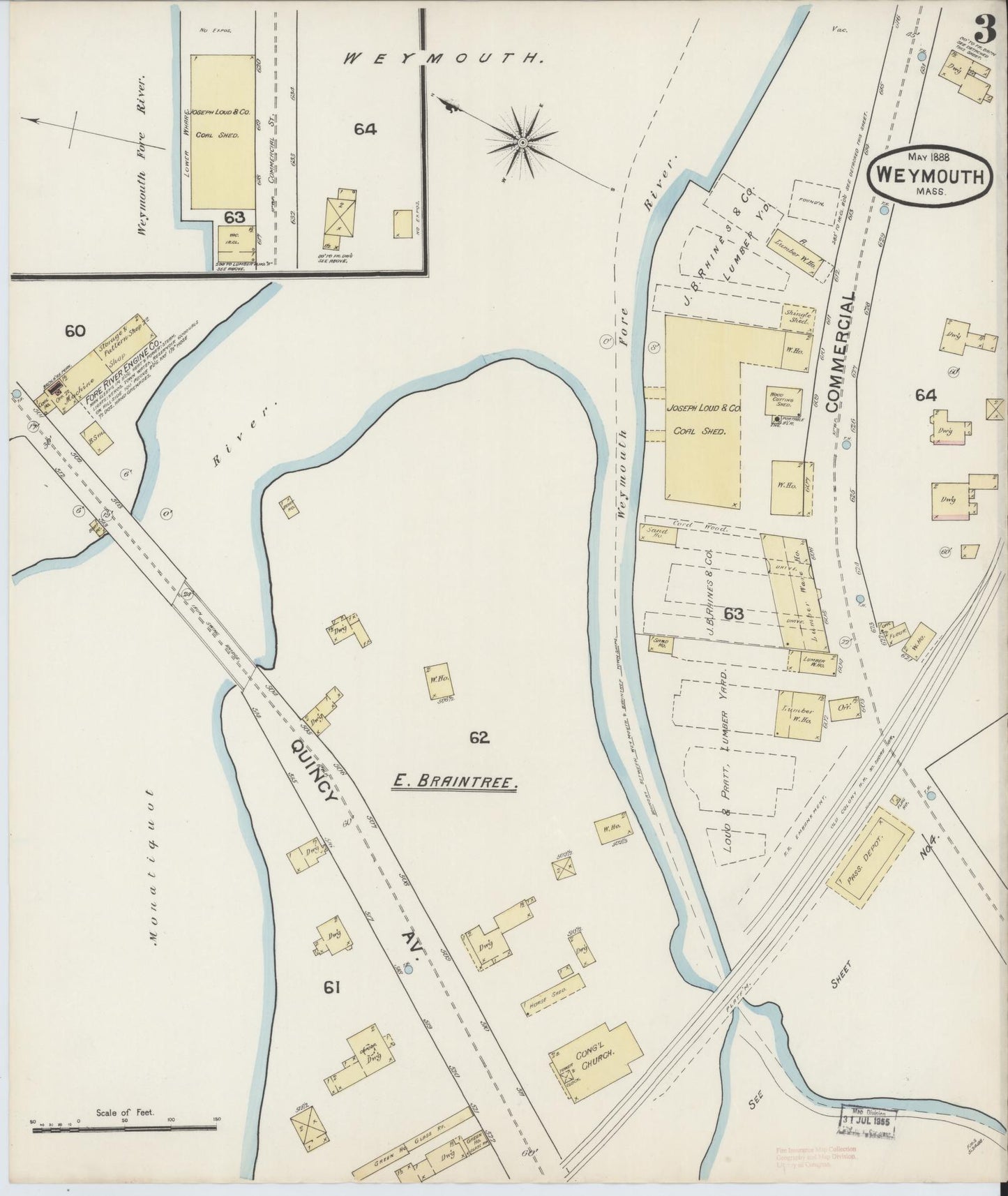 Sanborn Fire Insurance Map from Weymouth, Norfolk County, Massachusetts (1888), Sheet #0003 - Historic Sanborn Fire Insurance Map Print, vintage old map wall art, antique decor, genealogy gift, Massachusetts Massachusetts map