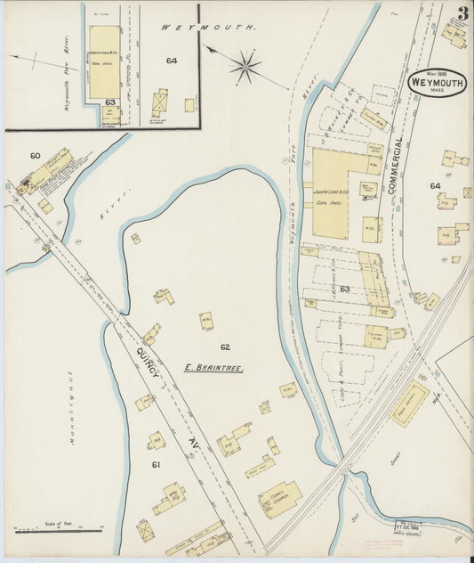 Sanborn Fire Insurance Map from Weymouth, Norfolk County, Massachusetts (1888), Sheet #0003 - Historic Sanborn Fire Insurance Map Print, vintage old map wall art, antique decor, genealogy gift, Massachusetts Massachusetts map