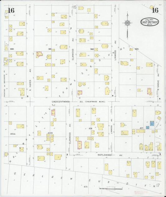 Sanborn Fire Insurance Map from East Detroit, Macomb County, Michigan (1931), Sheet #0016 - Historic Sanborn Fire Insurance Map Print, vintage old map wall art, antique decor, genealogy gift, Michigan Michigan map