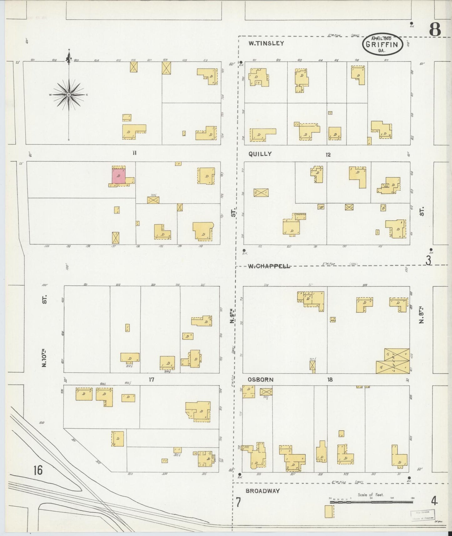 Sanborn Fire Insurance Map from Griffin, Spalding County, Georgia (1905), Sheet #0008 - Historic Sanborn Fire Insurance Map Print, vintage old map wall art, antique decor, genealogy gift, Georgia Georgia map