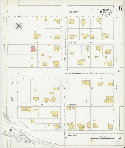 Sanborn Fire Insurance Map from Griffin, Spalding County, Georgia (1905), Sheet #0008 - Historic Sanborn Fire Insurance Map Print, vintage old map wall art, antique decor, genealogy gift, Georgia Georgia map