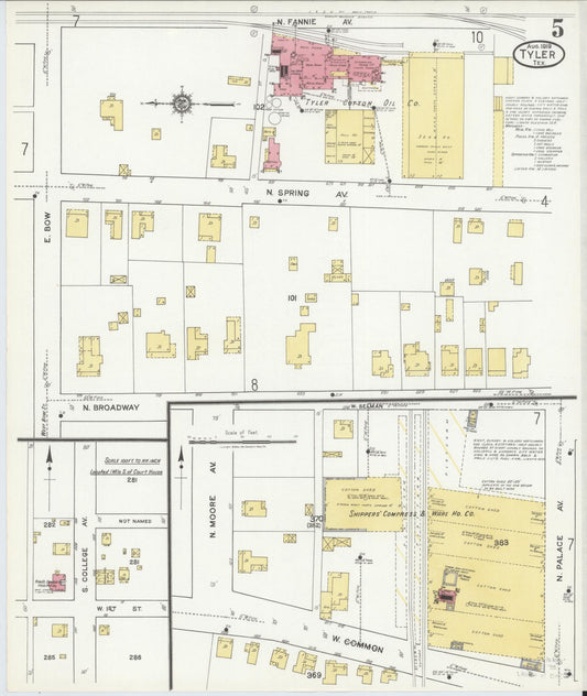 Sanborn Fire Insurance Map from Tyler, Smith County, Texas (1919), Sheet #0005 - Historic Sanborn Fire Insurance Map Print, vintage old map wall art, antique decor, genealogy gift, Texas Texas map