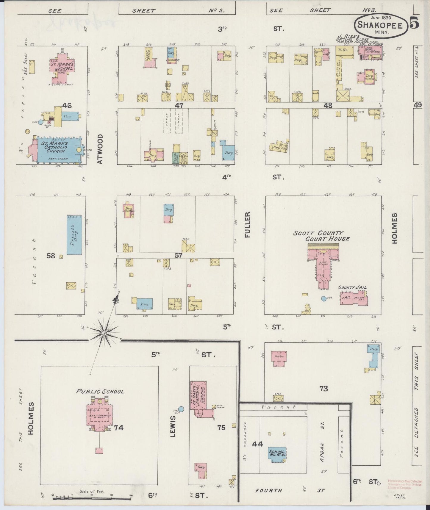 Sanborn Fire Insurance Map from Shakopee, Scott County, Minnesota (1890), Sheet #0005 - Historic Sanborn Fire Insurance Map Print, vintage old map wall art, antique decor, genealogy gift, Minnesota Minnesota map
