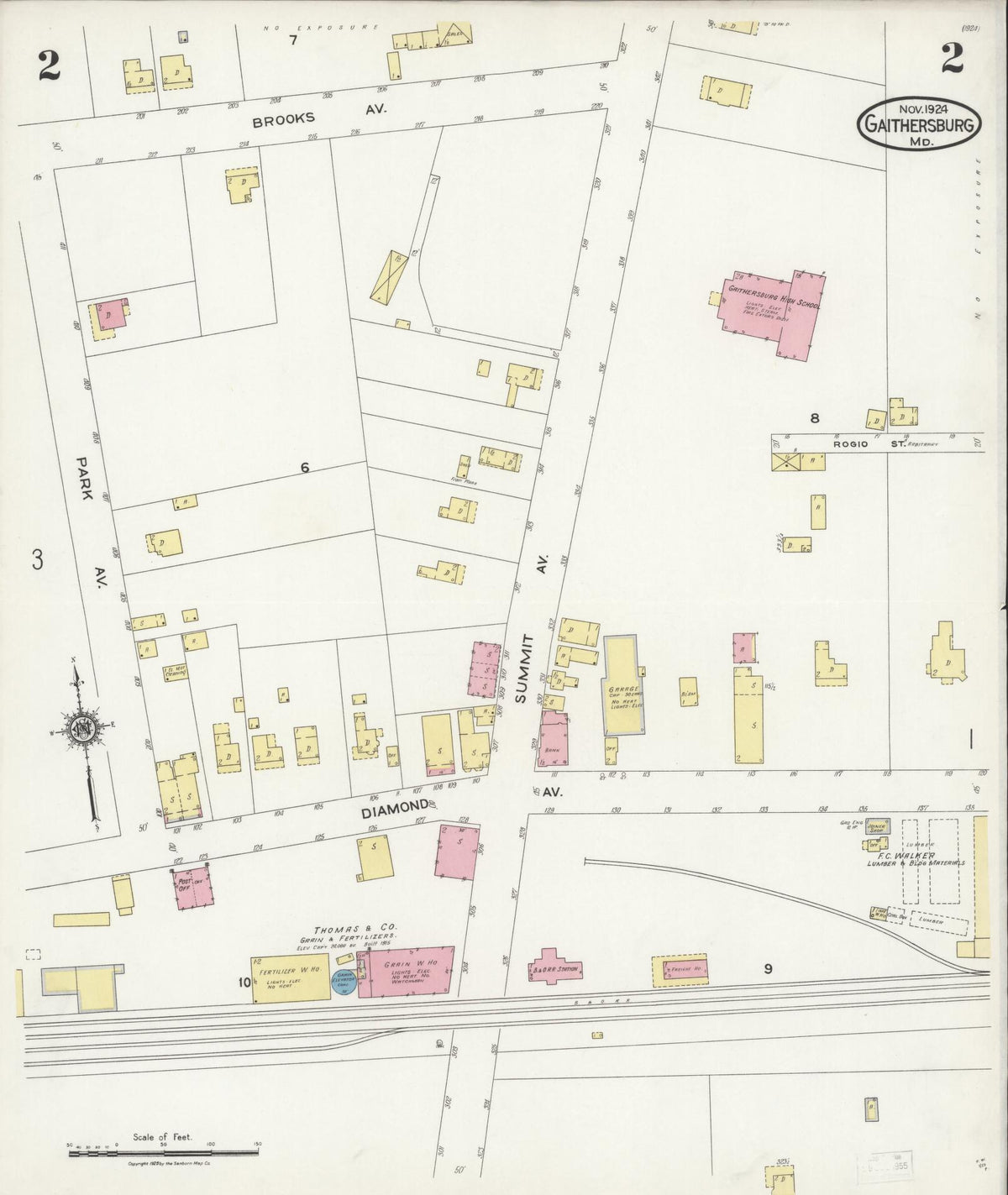 Sanborn Fire Insurance Map from Gaithersburg, Montgomery County, Maryland (1924), Sheet #0002 - Historic Sanborn Fire Insurance Map Print, vintage old map wall art, antique decor, genealogy gift, Maryland Maryland map