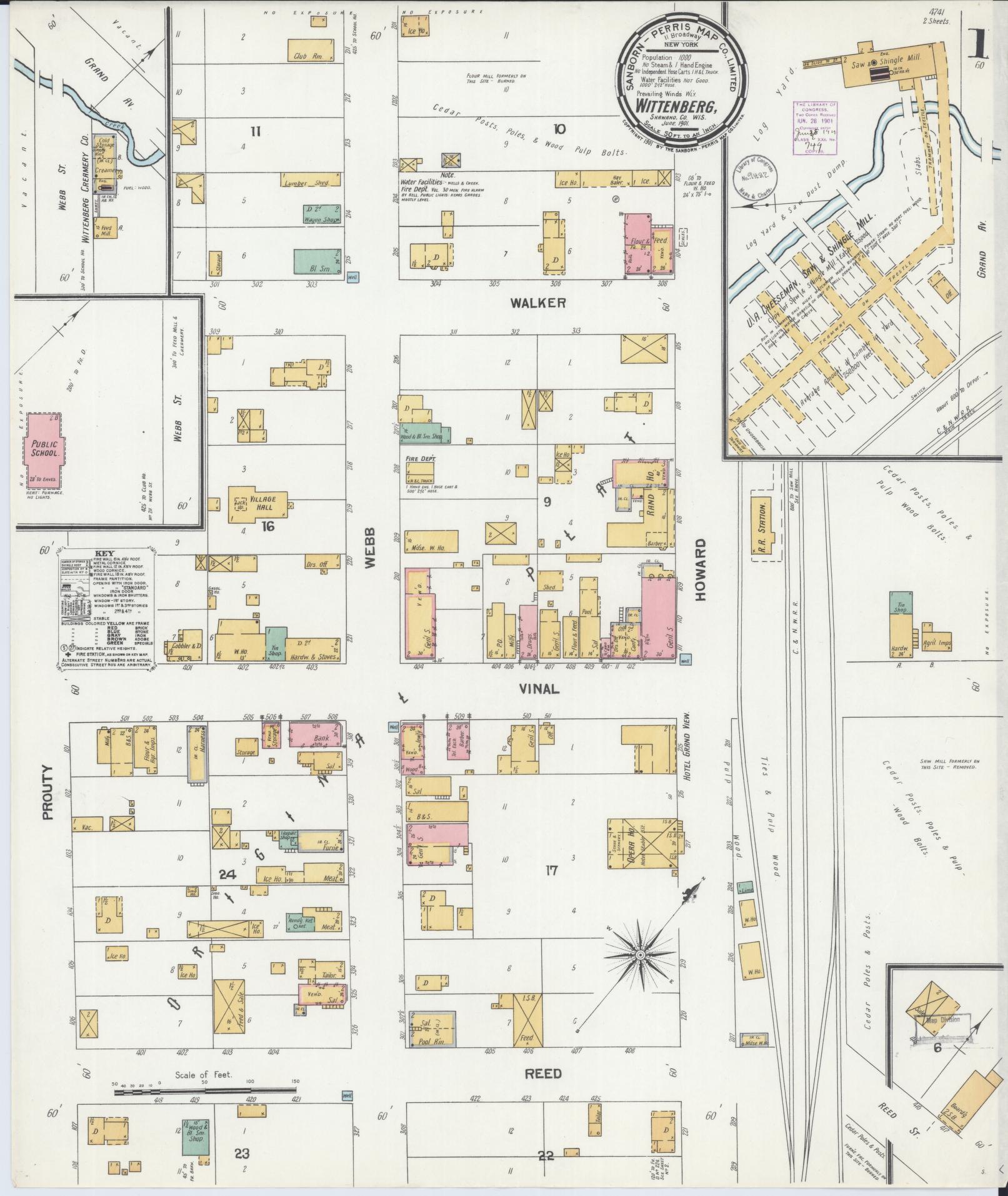 Sanborn Fire Insurance Map from Wittenberg, Shawano County, Wisconsin (1901), Sheet #0001 - Historic Sanborn Fire Insurance Map Print, vintage old map wall art, antique decor, genealogy gift, Wisconsin Wisconsin map