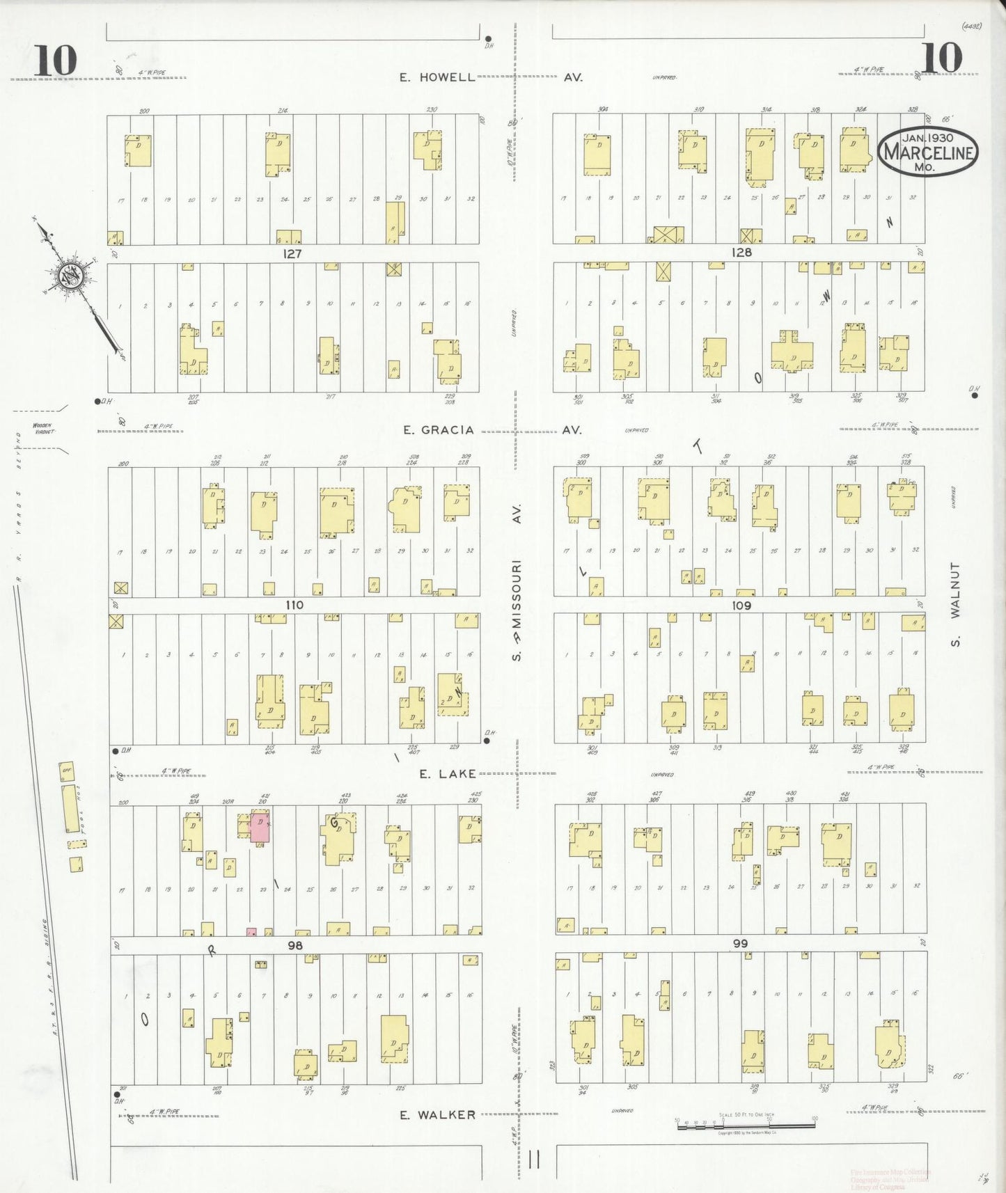 Sanborn Fire Insurance Map from Marceline, Linn County, Missouri (1930), Sheet #0010 - Complete Map Set gallery image, historic Sanborn map, vintage wall art, Missouri Missouri