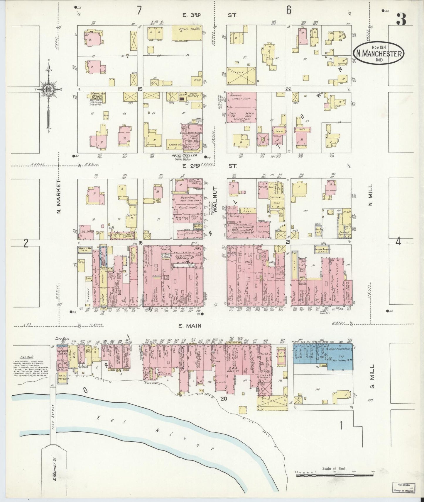 Sanborn Fire Insurance Map from North Manchester, Wabash County, Indiana (1914), Sheet #0003 - Complete Map Set gallery image, historic Sanborn map, vintage wall art, Indiana Indiana