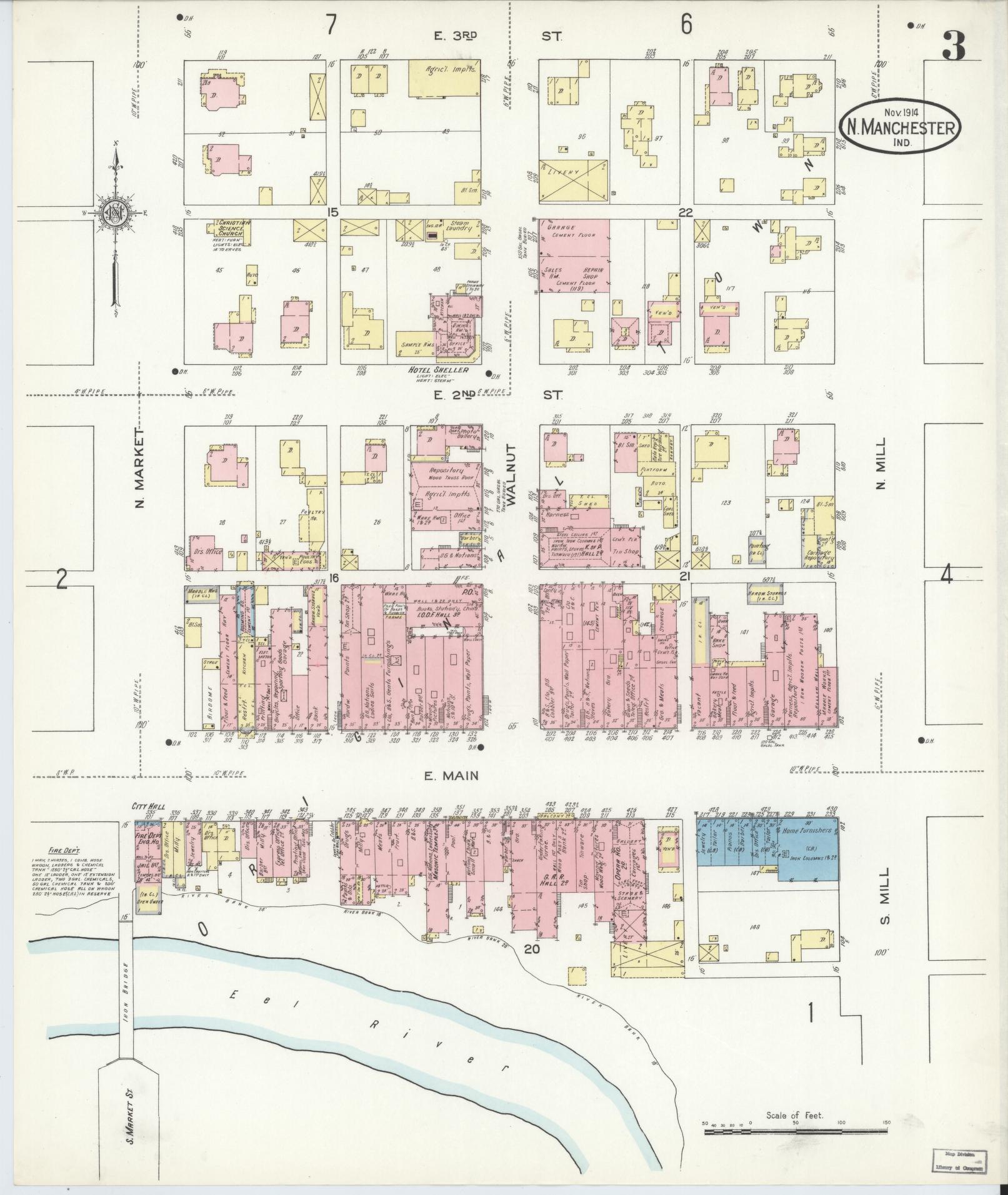 Sanborn Fire Insurance Map from North Manchester, Wabash County, Indiana (1914), Sheet #0003 - Complete Map Set gallery image, historic Sanborn map, vintage wall art, Indiana Indiana