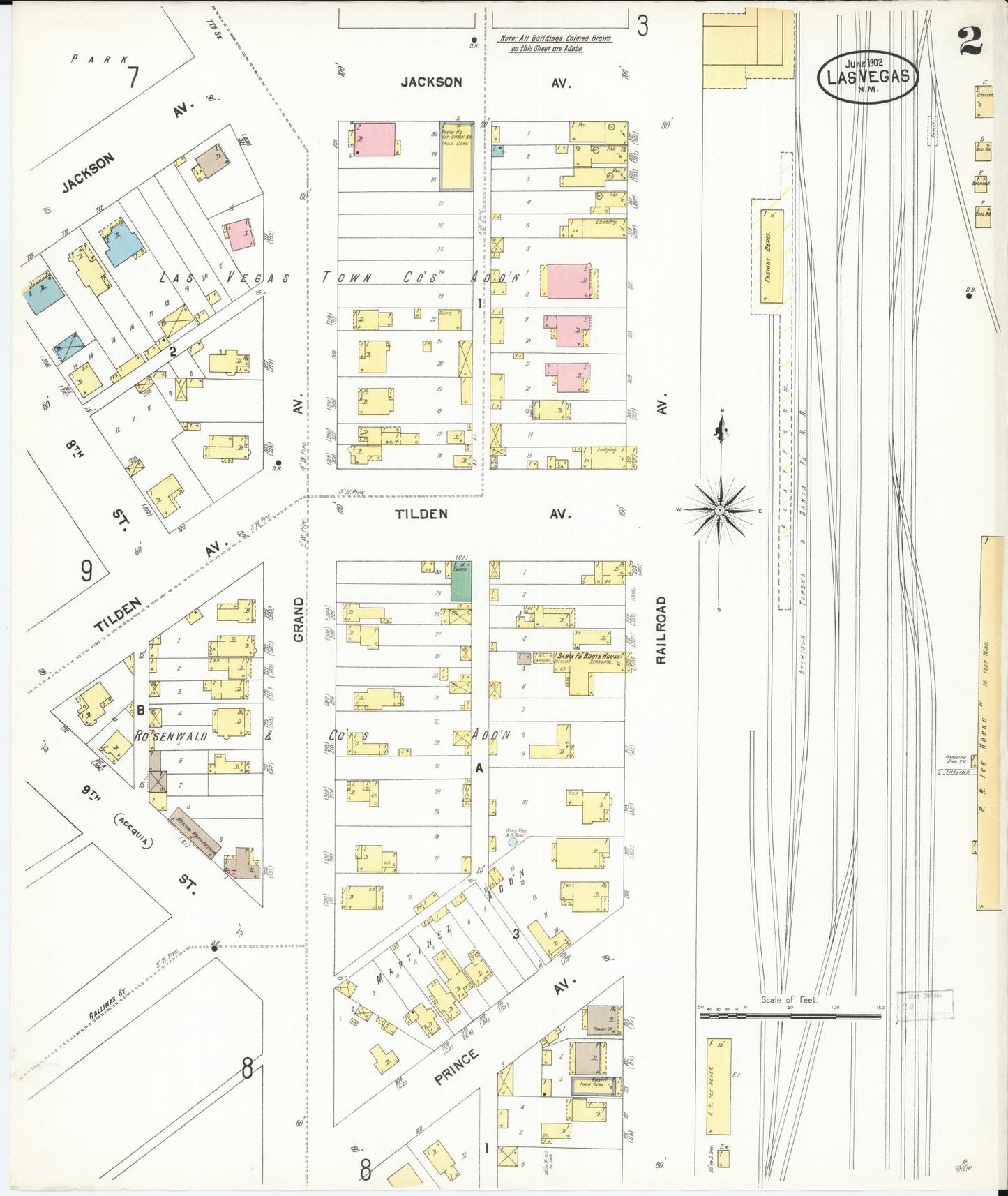 Sanborn Fire Insurance Map from Las Vegas, San Miguel County, New Mexico (1902), Sheet #0002 - Complete Map Set gallery image, historic Sanborn map, vintage wall art, New Mexico New Mexico