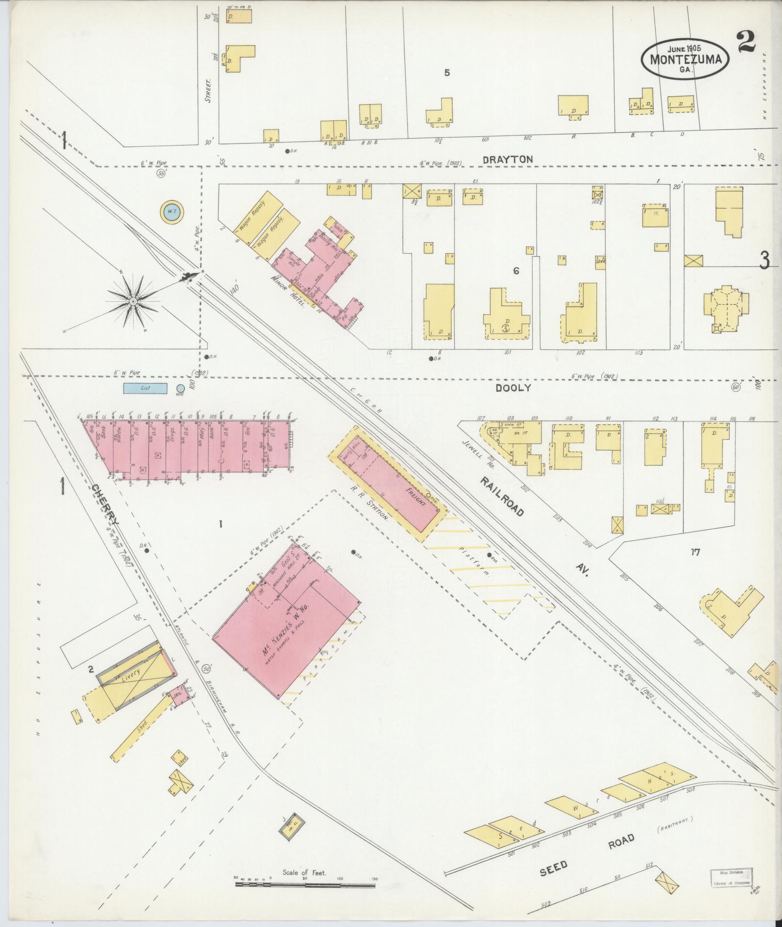 Sanborn Fire Insurance Map from Montezuma, Macon County, Georgia (1905), Sheet #0002 - Complete Map Set gallery image, historic Sanborn map, vintage wall art, Georgia Georgia