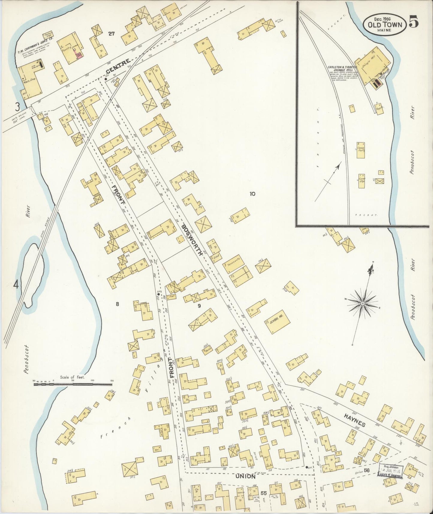 Sanborn Fire Insurance Map from Old Town, Penobscot County, Maine (1906), Sheet #0005 - Complete Map Set gallery image, historic Sanborn map, vintage wall art, Maine Maine