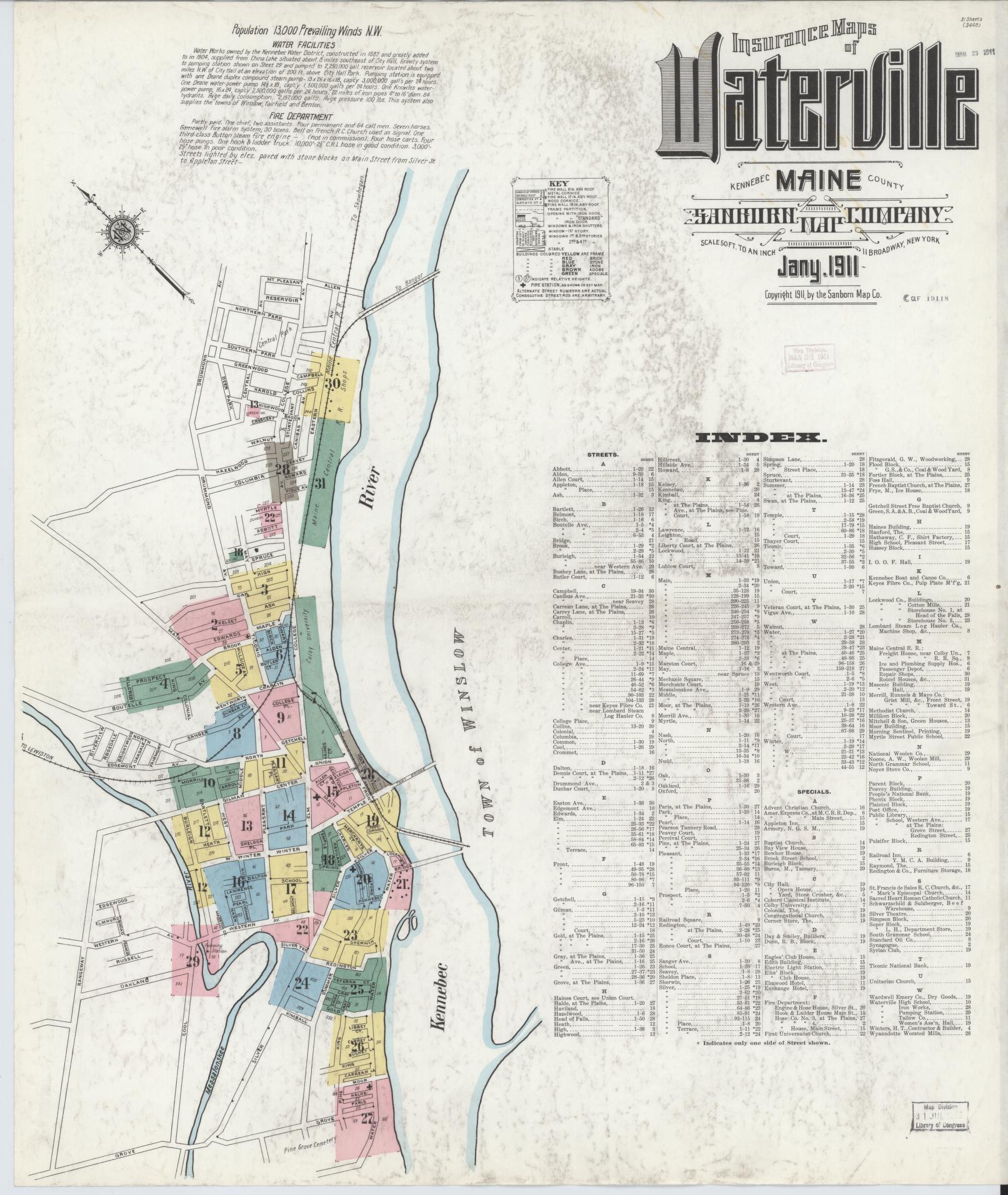 Sanborn Fire Insurance Map from Waterville, Kennebec County, Maine. (1911) – Historic Sanborn Fire Insurance Map Print