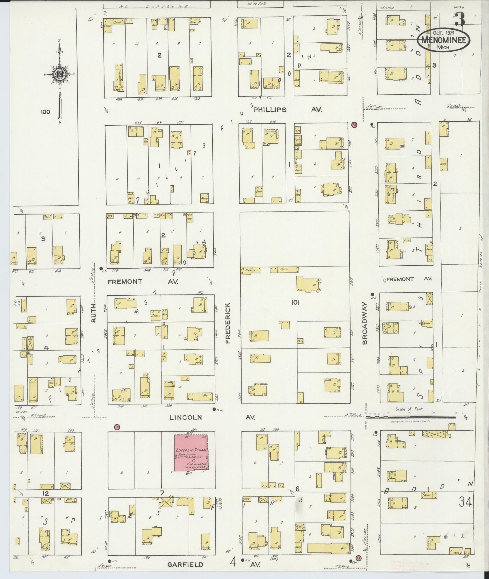 Sanborn Fire Insurance Map from Menominee, Menominee County, Michigan (1921), Sheet #0003 - Complete Map Set gallery image, historic Sanborn map, vintage wall art, Michigan Michigan