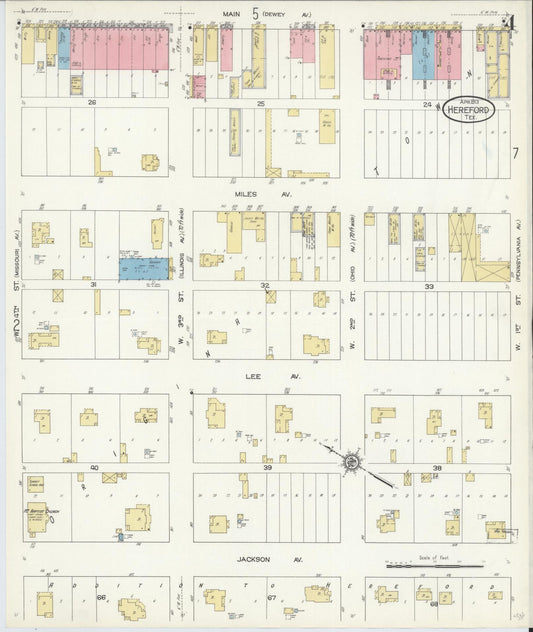 Sanborn Fire Insurance Map from Hereford, Deaf Smith County, Texas (1913), Sheet #0004 - Historic Sanborn Fire Insurance Map Print, vintage old map wall art, antique decor, genealogy gift, Texas Texas map