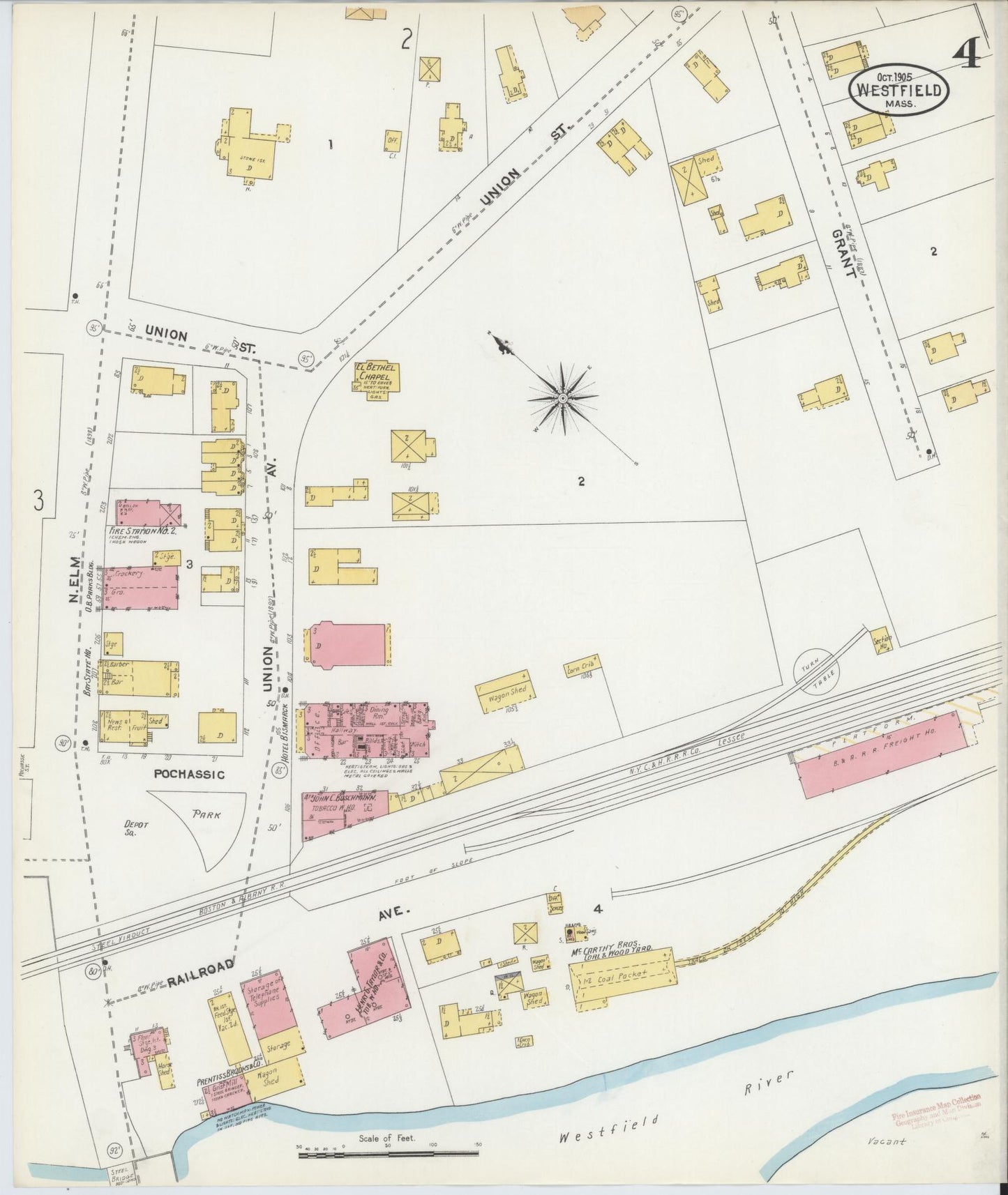 Sanborn Fire Insurance Map from Westfield, Hampden County, Massachusetts (1905), Sheet #0004 - Historic Sanborn Fire Insurance Map Print, vintage old map wall art, antique decor, genealogy gift, Massachusetts Massachusetts map