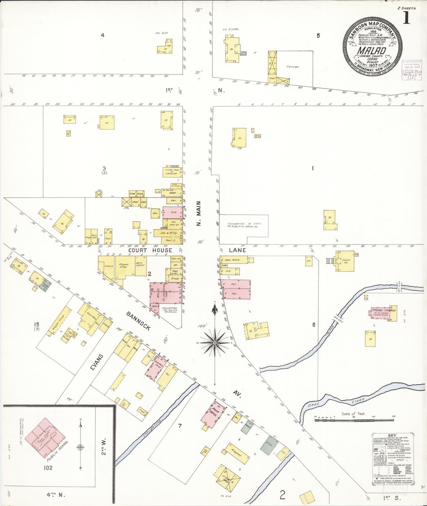 Sanborn Fire Insurance Map from Malad City, Oneida County, Idaho (1907), Sheet #0001 - Historic Sanborn Fire Insurance Map Print, vintage old map wall art, antique decor, genealogy gift, Idaho Idaho map