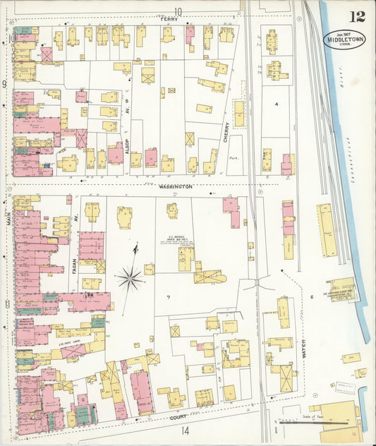 Sanborn Fire Insurance Map from Middletown, Middlesex County, Connecticut (1907), Sheet #0012 - Historic Sanborn Fire Insurance Map Print, vintage old map wall art, antique decor, genealogy gift, Connecticut Connecticut map