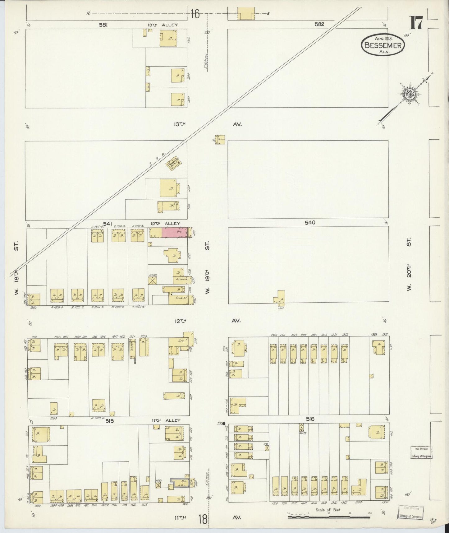 Sanborn Fire Insurance Map from Bessemer, Jefferson County, Alabama (1913), Sheet #0017 - Historic Sanborn Fire Insurance Map Print, vintage old map wall art, antique decor, genealogy gift, Alabama Alabama map