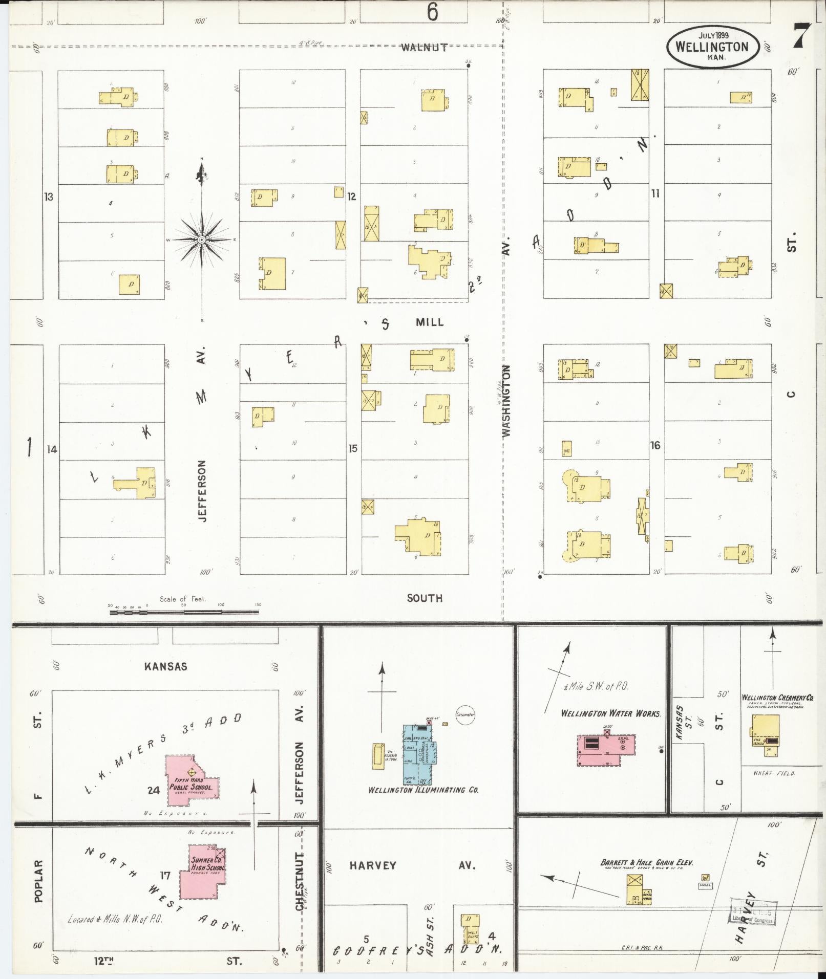 Sanborn Fire Insurance Map from Wellington, Sumner County, Kansas (1899), Sheet #0007 - Historic Sanborn Fire Insurance Map Print, vintage old map wall art, antique decor, genealogy gift, Kansas Kansas map