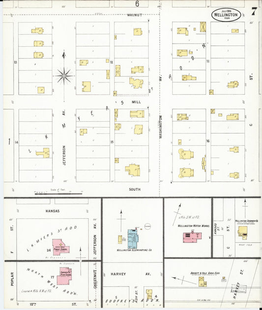 Sanborn Fire Insurance Map from Wellington, Sumner County, Kansas (1899), Sheet #0007 - Historic Sanborn Fire Insurance Map Print, vintage old map wall art, antique decor, genealogy gift, Kansas Kansas map