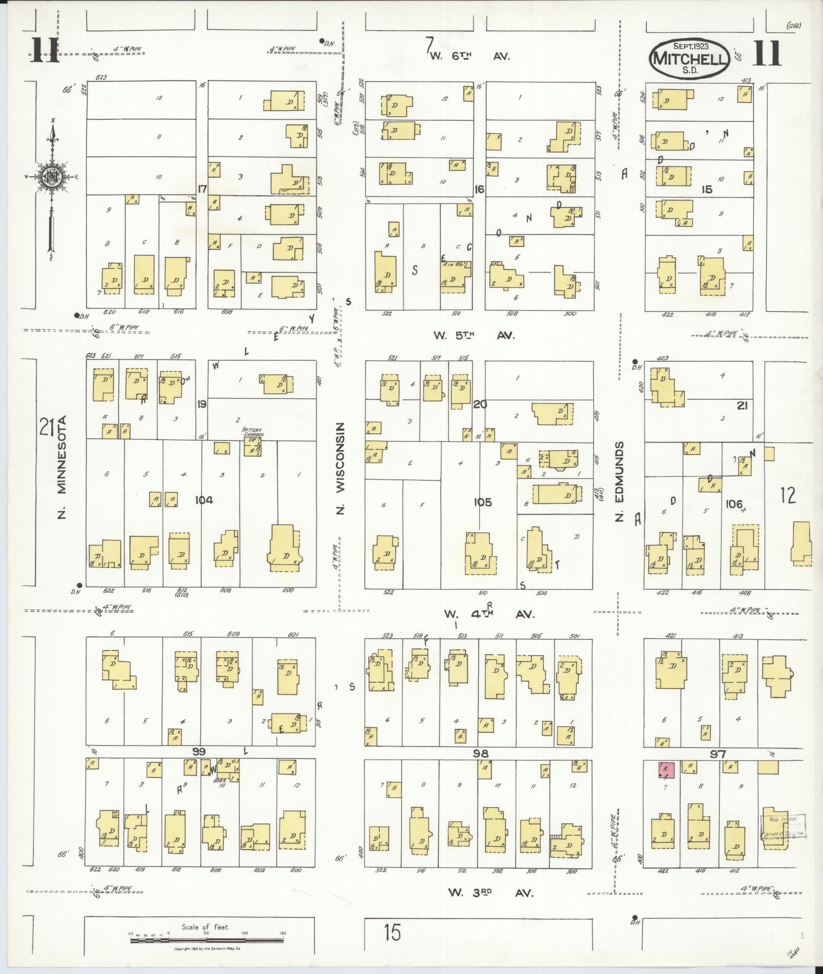 Sanborn Fire Insurance Map from Mitchell, Davison County, South Dakota (1923), Sheet #0011 - Complete Map Set gallery image, historic Sanborn map, vintage wall art, South Dakota South Dakota