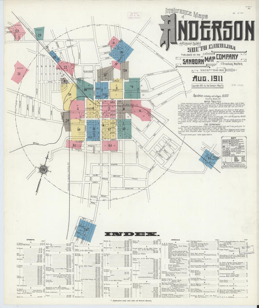 Sanborn Fire Insurance Map from Anderson, Anderson County, South Carolina (1911), Sheet #0001 - Historic Sanborn Fire Insurance Map Print, vintage old map wall art, antique decor, genealogy gift, South Carolina South Carolina map