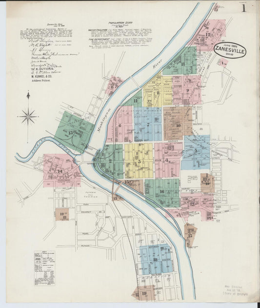 Sanborn Fire Insurance Map from Zanesville, Muskingum County, Ohio (1886), Sheet #0001 - Historic Sanborn Fire Insurance Map Print, vintage old map wall art, antique decor, genealogy gift, Ohio Ohio map