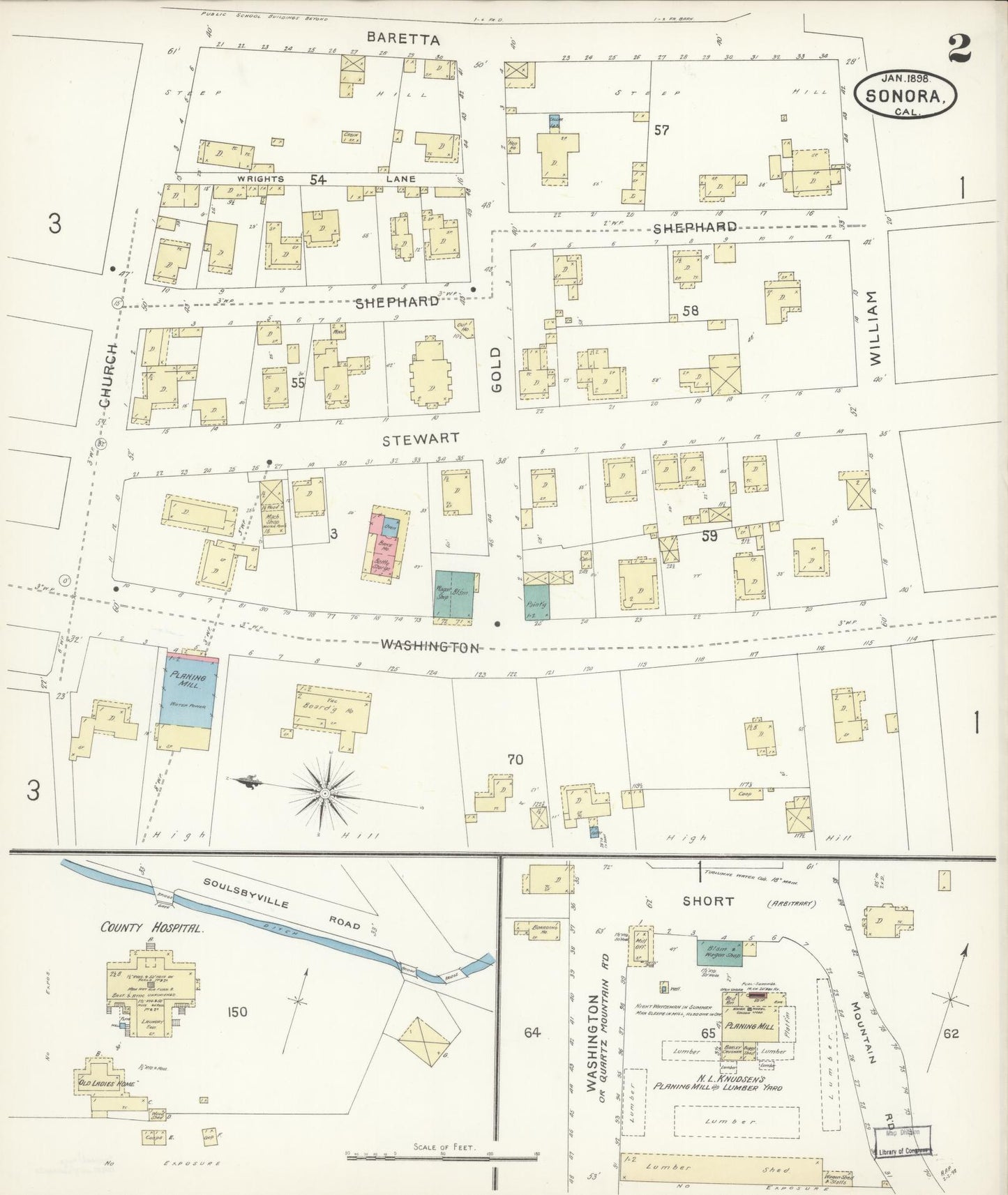 Sanborn Fire Insurance Map from Sonora, Tuolumne County, California (1898), Sheet #0002 - Complete Map Set gallery image, historic Sanborn map, vintage wall art, California California