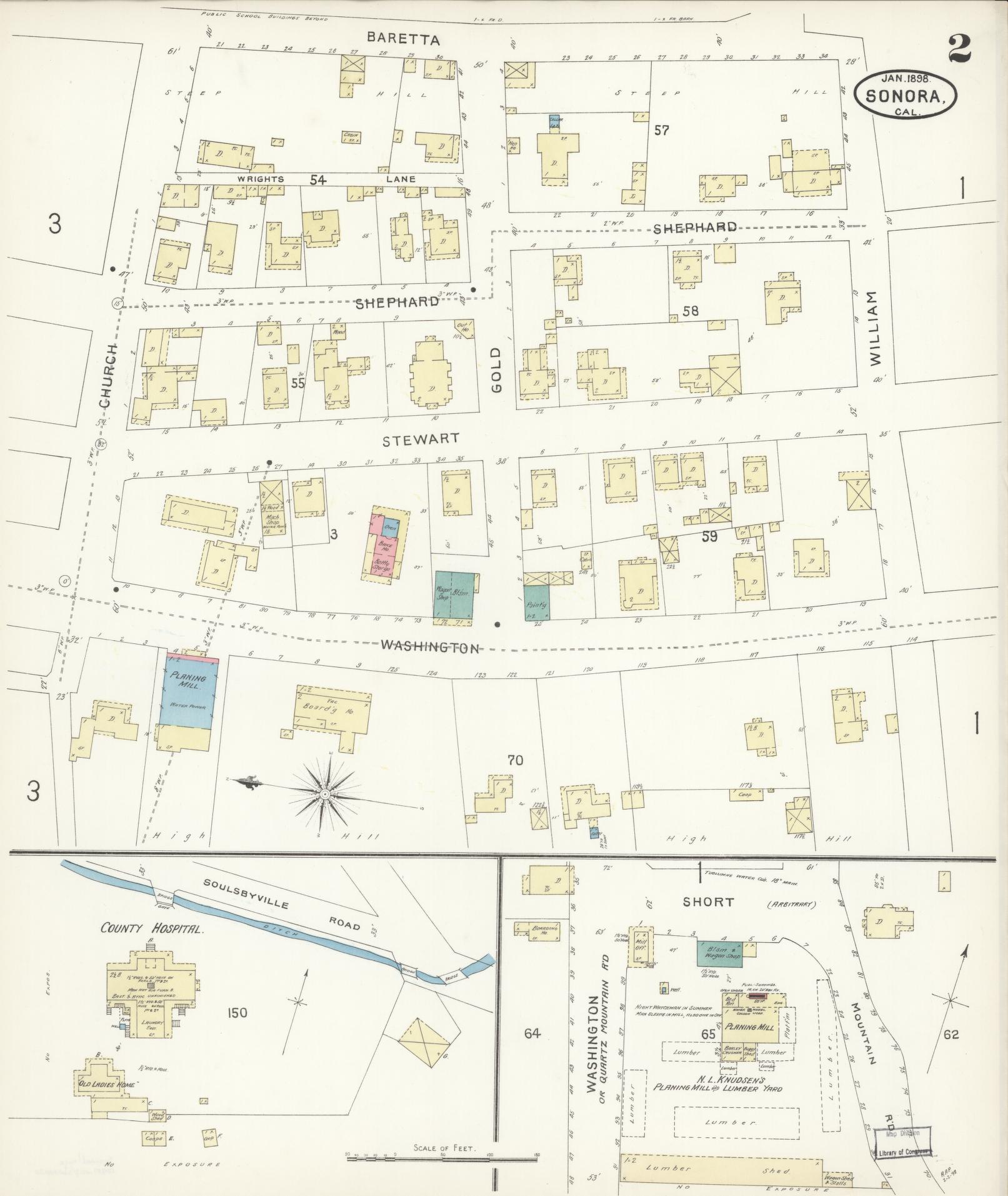 Sanborn Fire Insurance Map from Sonora, Tuolumne County, California (1898), Sheet #0002 - Complete Map Set gallery image, historic Sanborn map, vintage wall art, California California