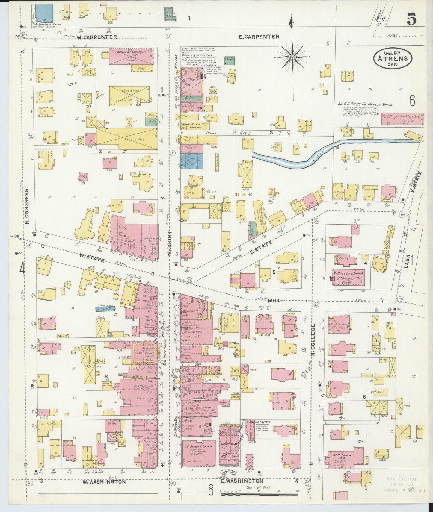 Sanborn Fire Insurance Map from Athens, Athens County, Ohio (1907), Sheet #0005 - Historic Sanborn Fire Insurance Map Print, vintage old map wall art, antique decor, genealogy gift, Ohio Ohio map