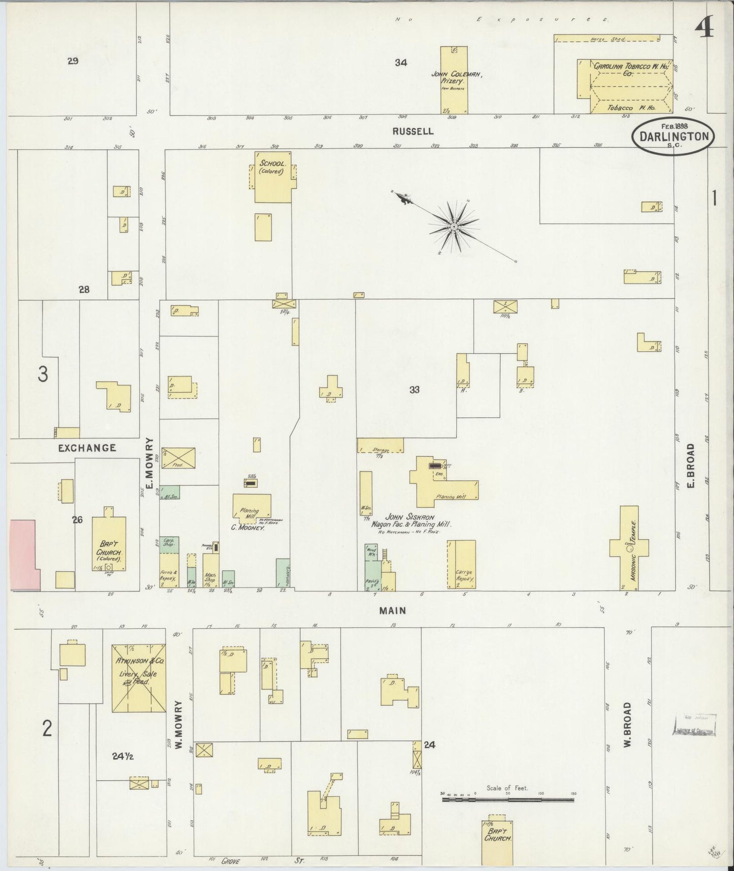 Sanborn Fire Insurance Map from Darlington, Darlington County, South Carolina (1898), Sheet #0004 - Complete Map Set gallery image, historic Sanborn map, vintage wall art, South Carolina South Carolina