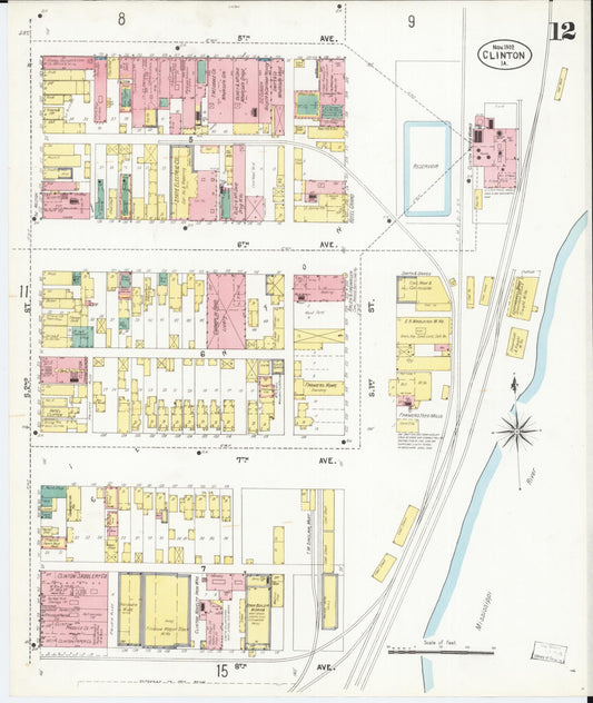 Sanborn Fire Insurance Map from Clinton, Clinton County, Iowa (1902), Sheet #0012 - Historic Sanborn Fire Insurance Map Print, vintage old map wall art