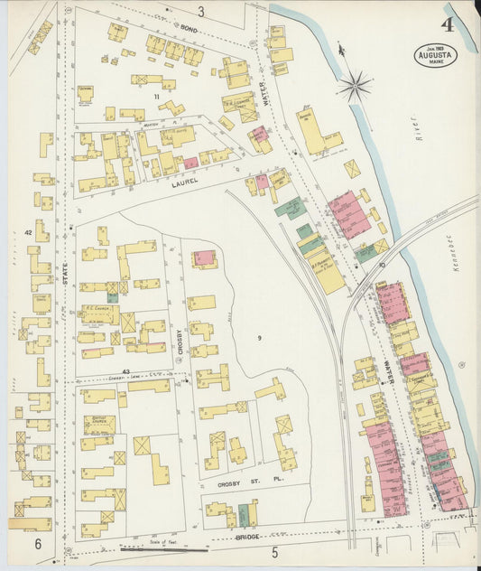 Sanborn Fire Insurance Map from Augusta, Kennebec County, Maine (1903), Sheet #0004 - Historic Sanborn Fire Insurance Map Print, vintage old map wall art, antique decor, genealogy gift, Maine Maine map
