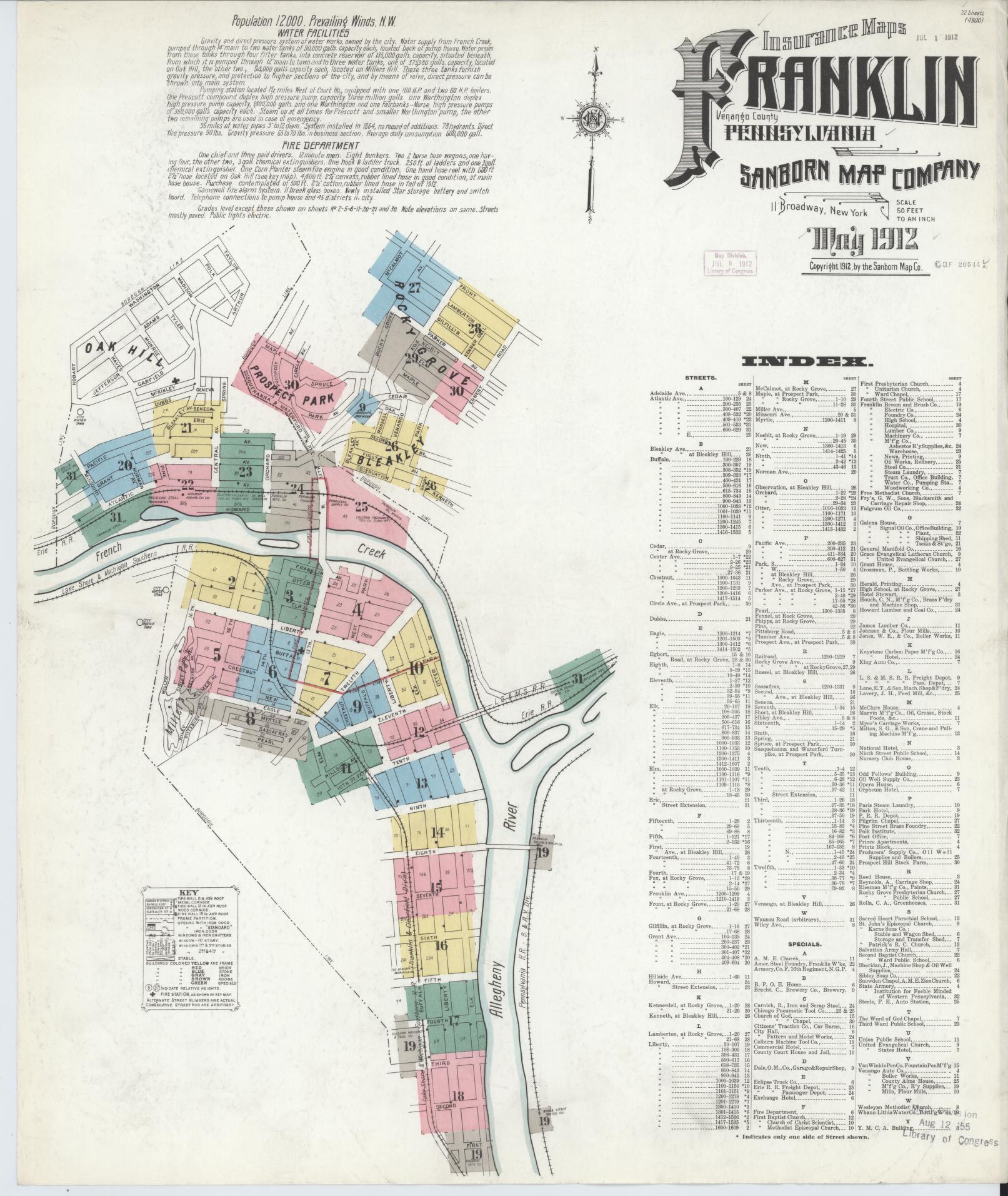 Sanborn Fire Insurance Map from Franklin, Venango County, Pennsylvania (1912), Sheet #0001 - Complete Map Set gallery image, historic Sanborn map, vintage wall art, Pennsylvania Pennsylvania