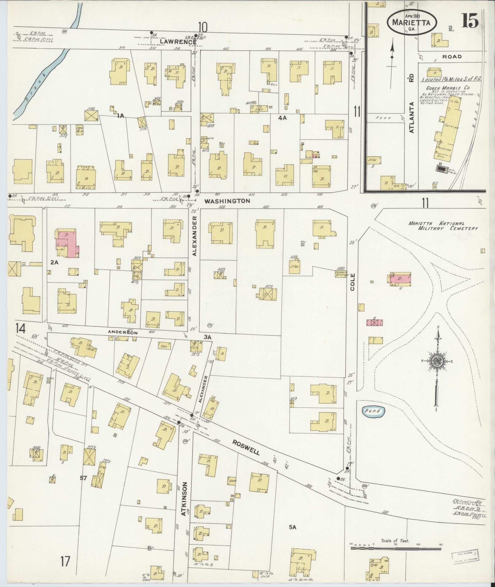 Sanborn Fire Insurance Map from Marietta, Cobb County, Georgia (1911), Sheet #0015 - Historic Sanborn Fire Insurance Map Print, vintage old map wall art, antique decor, genealogy gift, Georgia Georgia map