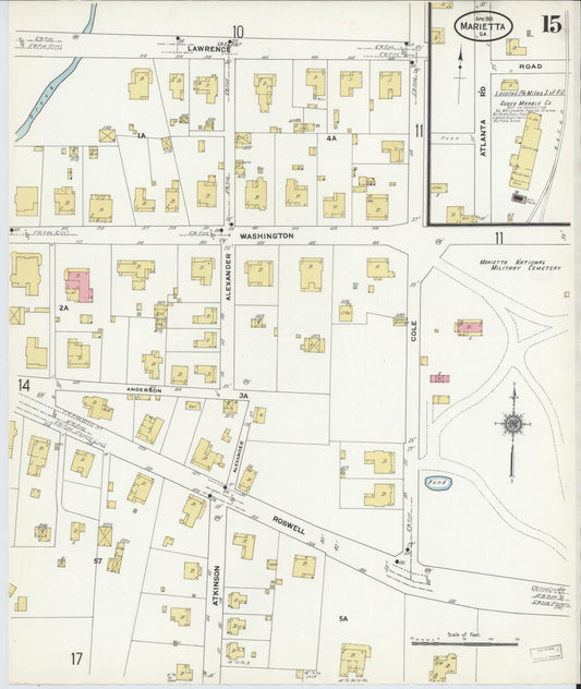 Sanborn Fire Insurance Map from Marietta, Cobb County, Georgia (1911), Sheet #0015 - Historic Sanborn Fire Insurance Map Print, vintage old map wall art, antique decor, genealogy gift, Georgia Georgia map