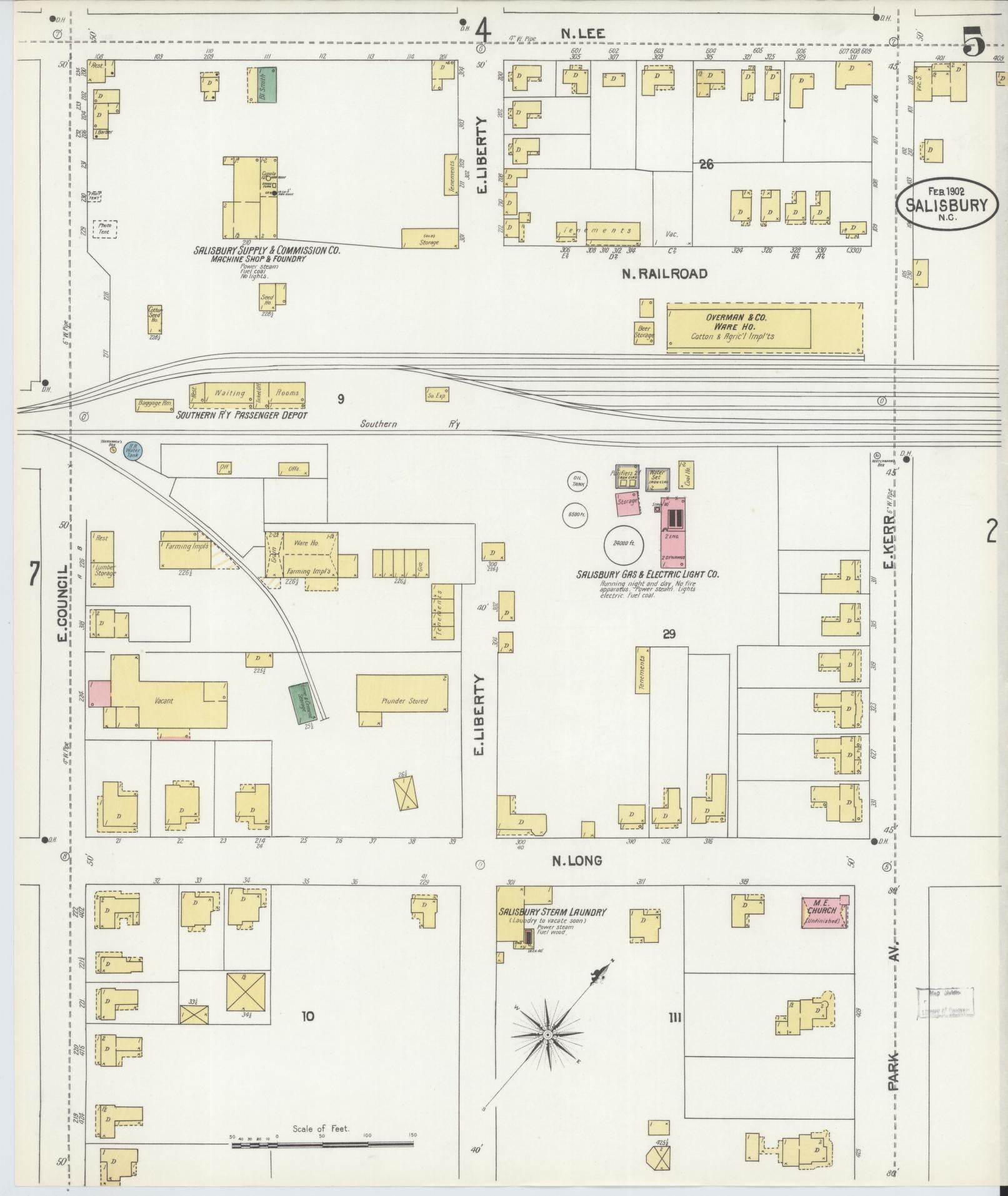 Sanborn Fire Insurance Map from Salisbury, Rowan County, North Carolina (1902), Sheet #0005 - Historic Sanborn Fire Insurance Map Print, vintage old map wall art, antique decor, genealogy gift, North Carolina North Carolina map