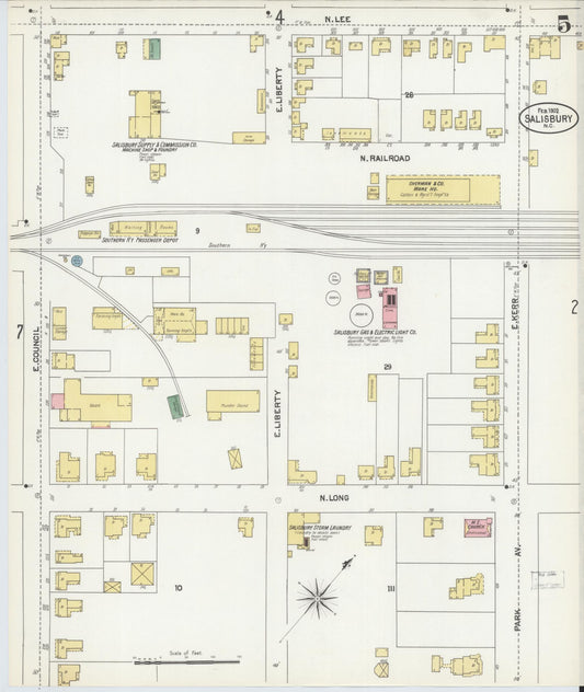 Sanborn Fire Insurance Map from Salisbury, Rowan County, North Carolina (1902), Sheet #0005 - Historic Sanborn Fire Insurance Map Print, vintage old map wall art, antique decor, genealogy gift, North Carolina North Carolina map