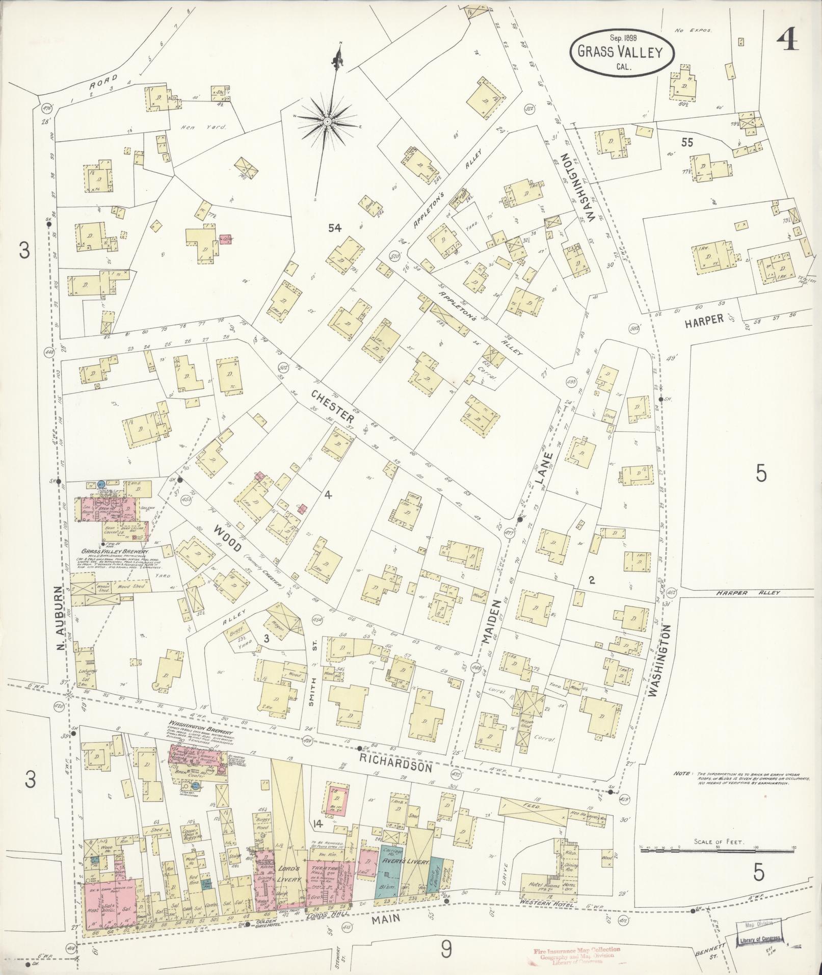 Sanborn Fire Insurance Map from Grass Valley, Nevada County, California (1898), Sheet #0004 - Historic Sanborn Fire Insurance Map Print, vintage old map wall art, antique decor, genealogy gift, California California map
