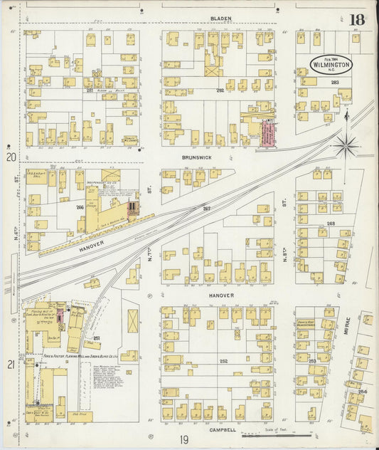 Sanborn Fire Insurance Map from Wilmington, New Hanover County, North Carolina (1904), Sheet #0018 - Historic Sanborn Fire Insurance Map Print, vintage old map wall art, antique decor, genealogy gift, North Carolina North Carolina map