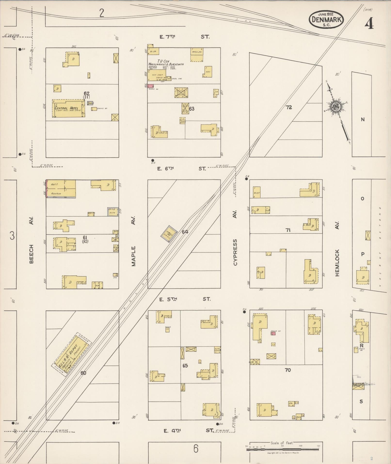Sanborn Fire Insurance Map from Denmark, Bamberg County, South Carolina (1922), Sheet #0004 - Complete Map Set gallery image, historic Sanborn map, vintage wall art, South Carolina South Carolina