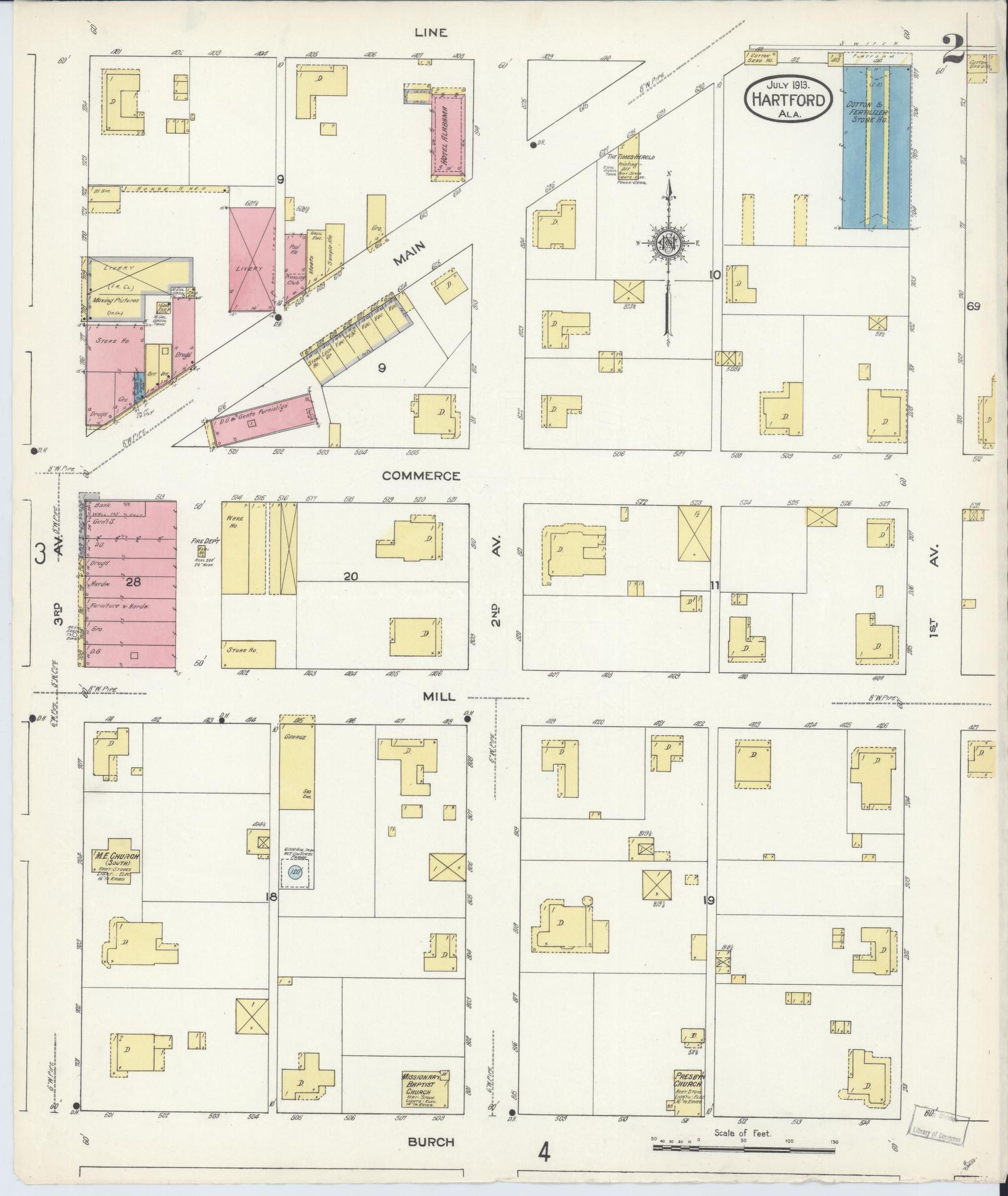 Sanborn Fire Insurance Map from Hartford, Geneva County, Alabama (1913), Sheet #0002 - Complete Map Set gallery image, historic Sanborn map, vintage wall art, Alabama Alabama