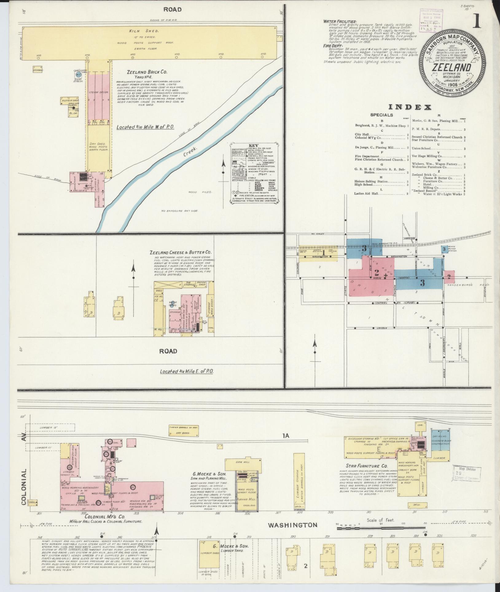 Sanborn Fire Insurance Map from Zeeland, Ottawa County, Michigan (1908), Sheet #0001 - Historic Sanborn Fire Insurance Map Print, vintage old map wall art, antique decor, genealogy gift, Michigan Michigan map
