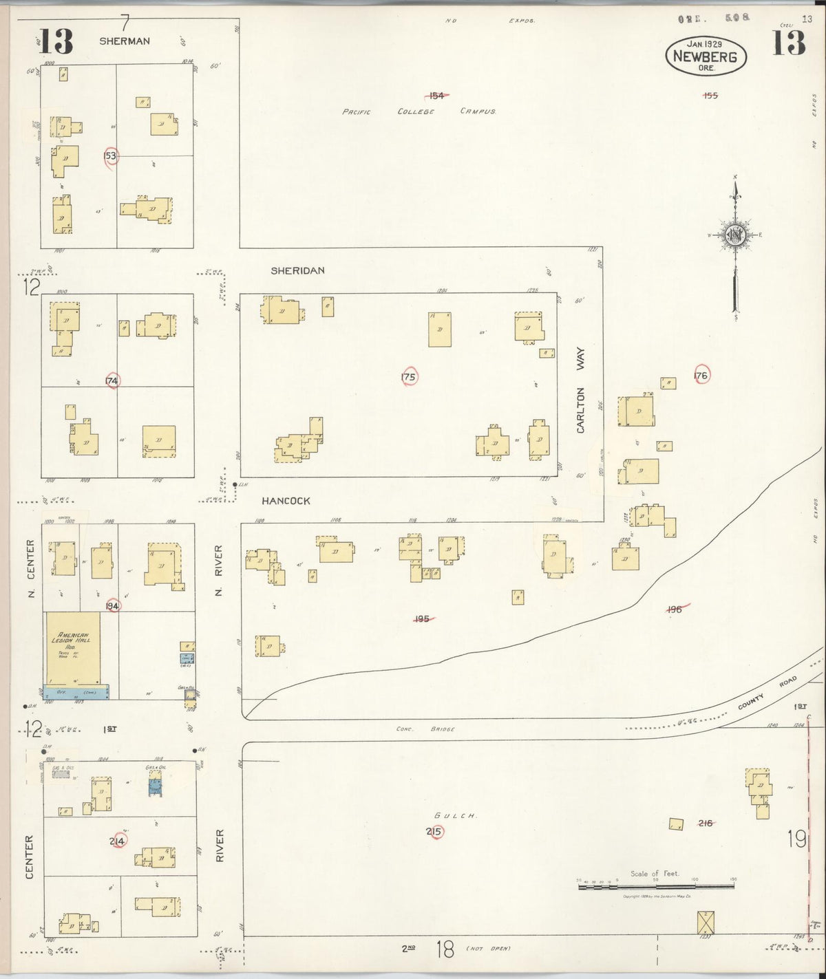 Sanborn Fire Insurance Map from Newberg, Yamhill County, Oregon (1934), Sheet #0013 - Historic Sanborn Fire Insurance Map Print, vintage old map wall art, antique decor, genealogy gift, Oregon Oregon map